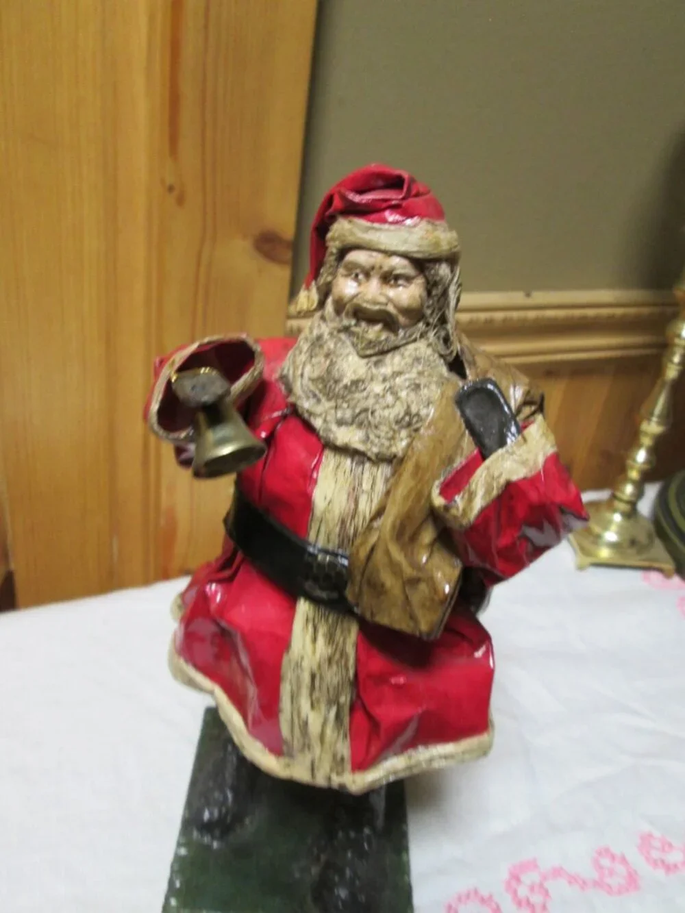 antique MCM folk lore Hand Painted Paper mache santa sack and bell on wood base